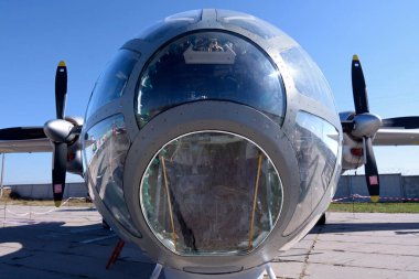 Reconnaissance military aircraft Antonov 30 parked in the park of the air show, made in Ukraine. 