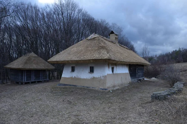Traditionele Oekraïense Landelijke Huishouden Van Eeuw Houten Huis Schuur Bos — Stockfoto