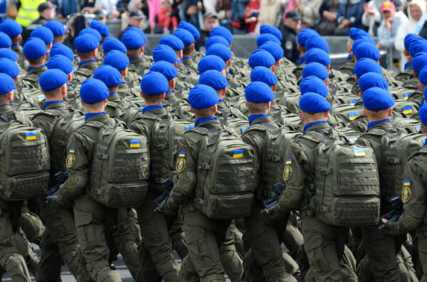 Soldiers marching on a square during military parade dedicated to Day of Independence of Ukraine.August 24, 2017. Kiev, Ukraine