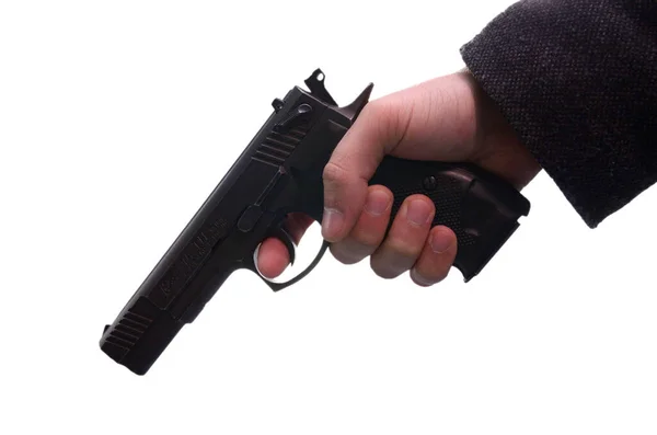 Mão Homem Apontando Com Uma Pistola Fort Feita Ucrânia Janeiro — Fotografia de Stock