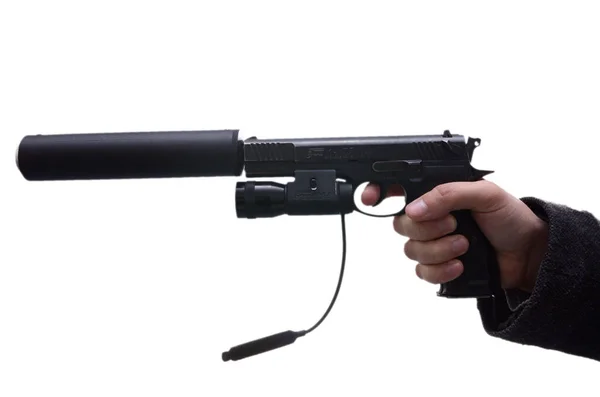 Mão Homem Apontando Com Uma Pistola Fort Com Silenciador Feito — Fotografia de Stock