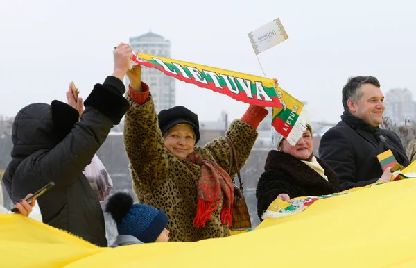 Група Активістів Які Тримають Литовський Прапор Плакат Написанням Литовського Гімну — стокове фото