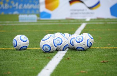 Futbol topları bir futbol sahasının ortasına yerleştirilmiş. 11 Ekim 2017. Kyiv, Ukrayna