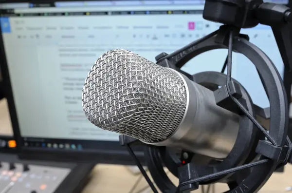 Close-up of a studio microphone set during radio marathon to Radio Day at the radio studio