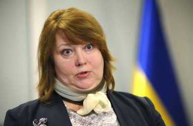 Valentina Simonenko 'nun Yüksek Adalet Konseyi üyeleri tarafından Ukrayna Yüksek Mahkemesi yargıçlığı için adaylığını onayladıktan sonra düzenlediği basın toplantısı. 28 Aralık 2017. Kyiv, Ukrayna