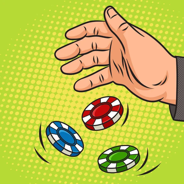 Hand Gooit Casino Chips Pin Pop Art Retro Vector Illustratie — Stockvector
