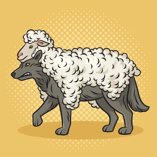 羊の服でオオカミポップアートレトロラスターイラストをピンナップ 漫画風模倣 — ストック写真