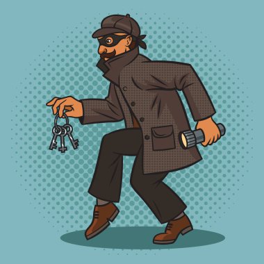 Hırsız gece gizlice anahtarlar ve el feneri ile pop sanat retro vektör çizimi yapıyor. Çizgi roman tarzı taklit.