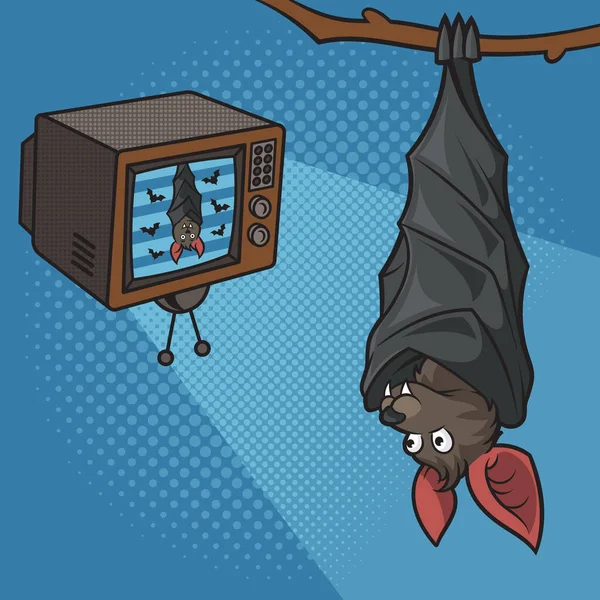 Cartoon Fledermaus Vor Dem Fernseher Verkehrt Herum Pinup Pop Art — Stockvektor
