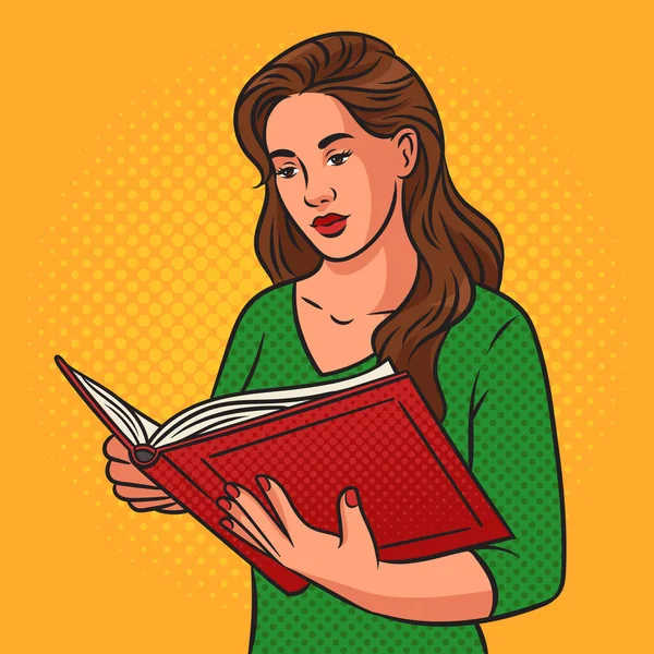 Woman Reading Book Pinup Pop Art Retro Vector Illustration Comic — Stock Vector