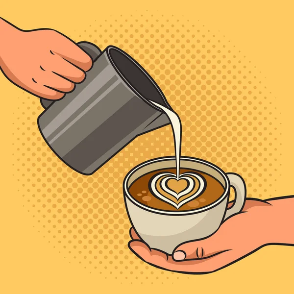 Herstellung Von Latte Coffee Mit Herzschaum Pinup Pop Art Retro — Stockvektor