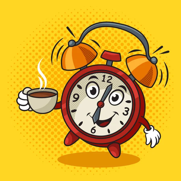 cartoon alarm clock with cup of coffee in hand pinup pop art retro raster illustration. Comic book style imitation.