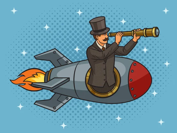 Staromódní Gentleman Létá Raketě Dívá Přes Dalekohled Pinup Pop Art — Stockový vektor