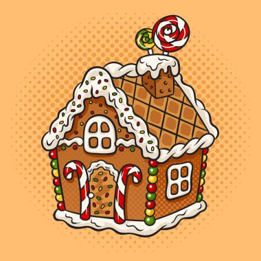 Zencefilli kek evi pop sanat retro vektör illüstrasyonu. Çizgi roman tarzı taklit.