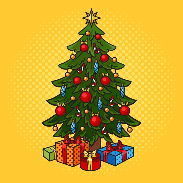 Árvore Natal Com Presentes Pinup Pop Arte Retro Ilustração Vetorial —  Vetores de Stock