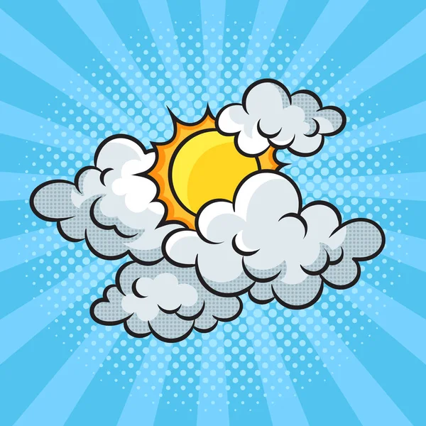 雲の中に太陽がポップアートレトロベクトルイラストをピンナップ 漫画風模倣 — ストックベクタ