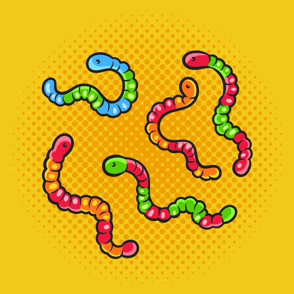 Gummy Chewy Worms Candies Pinup Pop Art Retro Vector Illustration — Stock Vector