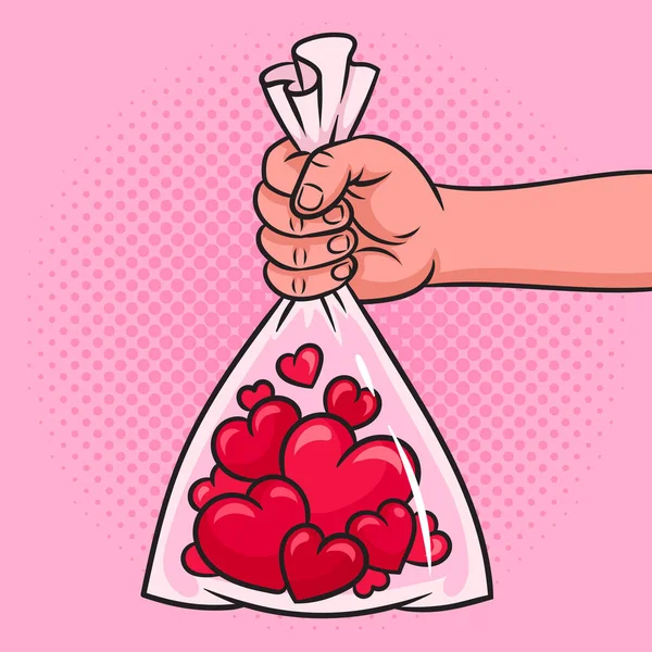 Mann Gibt Tasche Der Herzen Valentinstag Geschenk Pinup Pop Art — Stockvektor