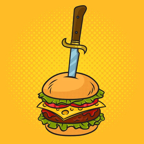 Messer Steckt Burger Pinup Pop Art Retro Vektor Illustration Nachahmung — Stockvektor