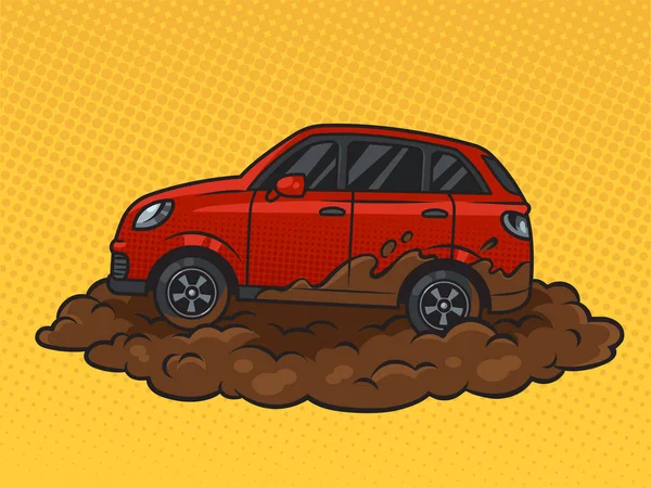 車は泥のピンナップポップアートのレトロなベクトルイラストで立ち往生 漫画風模倣 — ストックベクタ