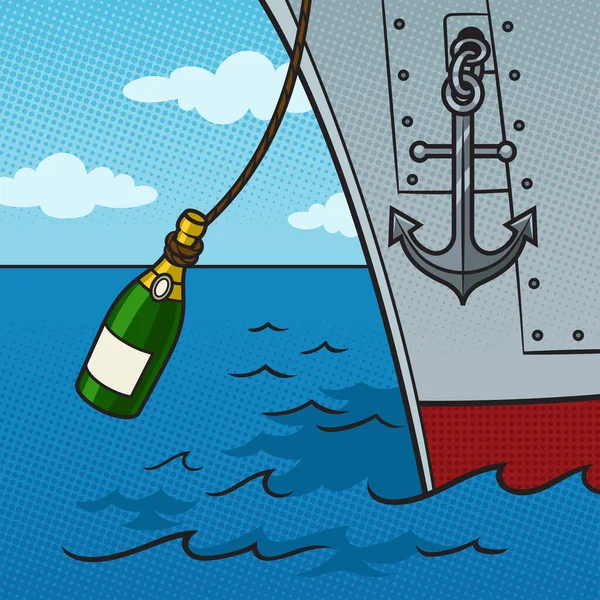 Пляшка Шампанського Розбивається Боці Нового Корабля Пін Поп Арту Ретро — стоковий вектор