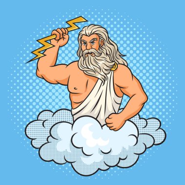 Zeus Tanrısı elinde yıldırımla pop sanat retro-raster illüstrasyonunu süslüyor. Çizgi roman tarzı taklit.