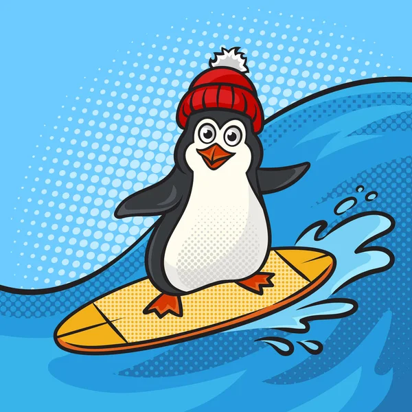 Πιγκουίνος Surfboard Βόλτες Στη Θάλασσα Κύμα Pinup Pop Art Ρετρό — Διανυσματικό Αρχείο