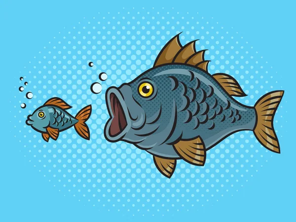 大きな魚は小さな魚のピンナップポップアートレトロなベクトルイラストを追いかける 漫画風模倣 — ストックベクタ
