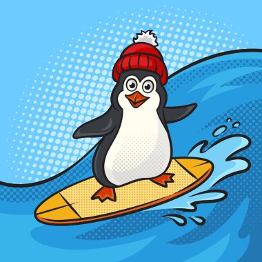 Penguen sörf tahtasında sörf yapıyor. Pop art retro-raster çizimi yapıyor. Çizgi roman tarzı taklit.