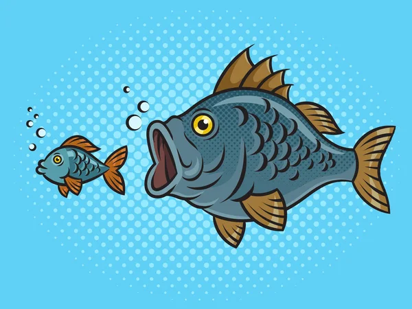 大きな魚は小さな魚のピンナップポップアートレトロラスターイラストを追いかける 漫画風模倣 — ストック写真