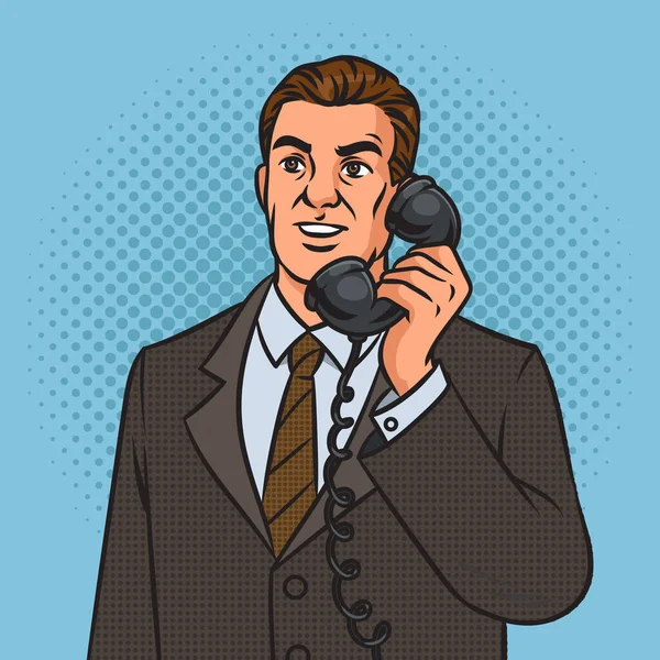 Бизнесмен Говорит Старому Телефону Пинап Поп Арт Ретро Растровой Иллюстрации — стоковое фото