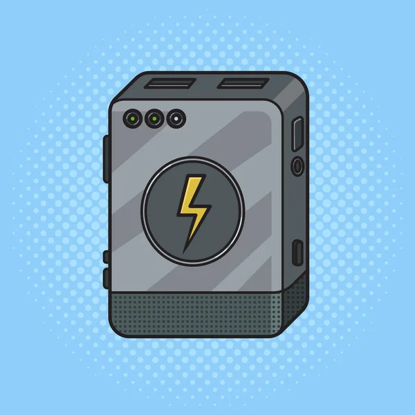 Power bank battery charger pinup pop art retro raster illustration. Comic book style imitation.