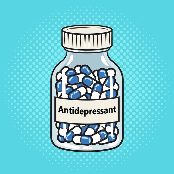Bottiglia Pillole Antidepressivi Farmaci Pinup Pop Art Retro Vettoriale Illustrazione — Vettoriale Stock