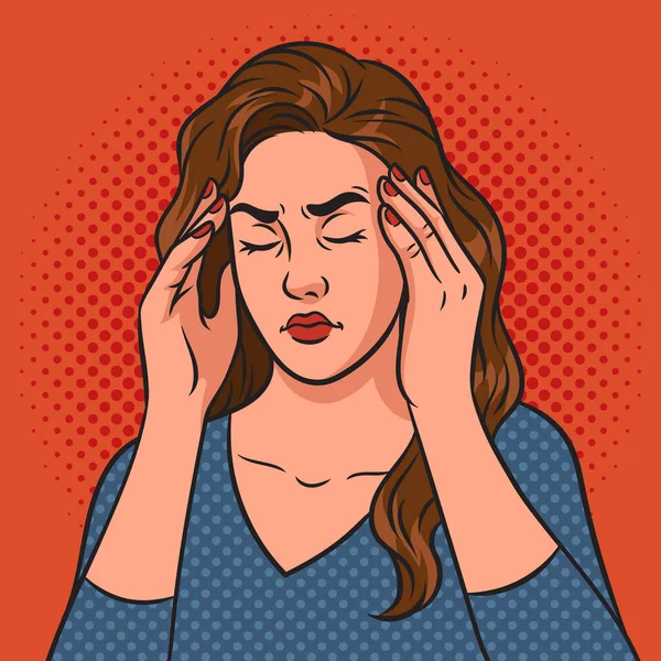 Kız baş ağrısı çekiyor ve migren Pop Art Retro Raster Illustrasyon 'u hazırlıyor. Çizgi roman tarzı taklit.