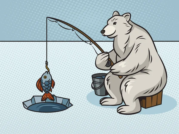 Полярний Ведмідь Риболовля Вудкою Лунці Льодовиковому Кольорі Штифт Поп Арт — стоковий вектор