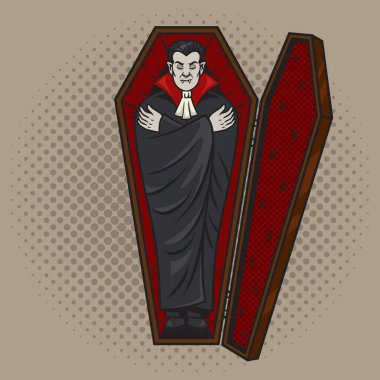 Vampire sleeping in a coffin pinup pop art retro vector illustration. Comic book style imitation.