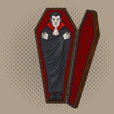 Vampire sleeping in a coffin pinup pop art retro raster illustration. Comic book style imitation.