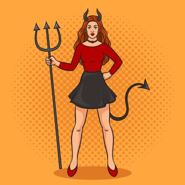 Devil hell girl woman with trident pitchfork color pinup pop art retro raster illustration. Comic book style imitation.