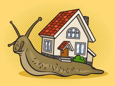 Fantastic fabulous snail with house instead of shell pinup pop art retro vector illustration. Comic book style imitation.