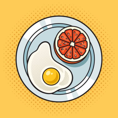 Diet food grapefruit and scrambled egg pinup pop art retro raster illustration. Comic book style imitation.