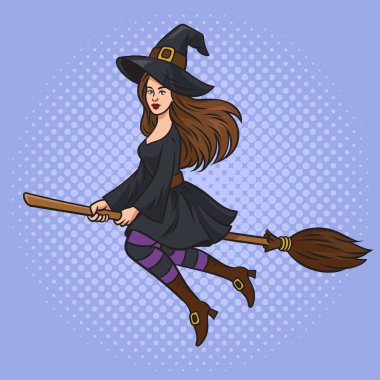 Young beautiful witch girl flying on broomstick pop art retro raster illustration. Comic book style imitation.