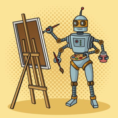 Robot artist painter pop art retro raster illustration. Comic book style imitation.
