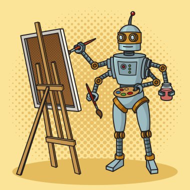 Robot artist painter pop art retro raster illustration. Comic book style imitation. clipart