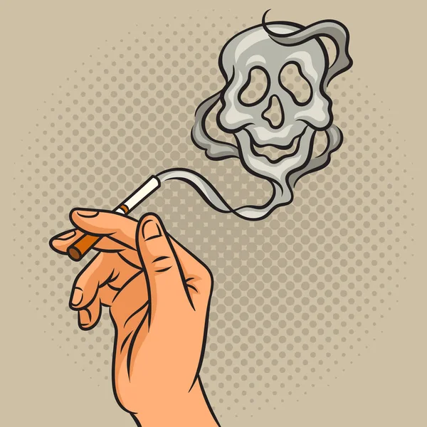 cigarette in hand and skull smoke pop art retro raster illustration. Comic book style imitation.