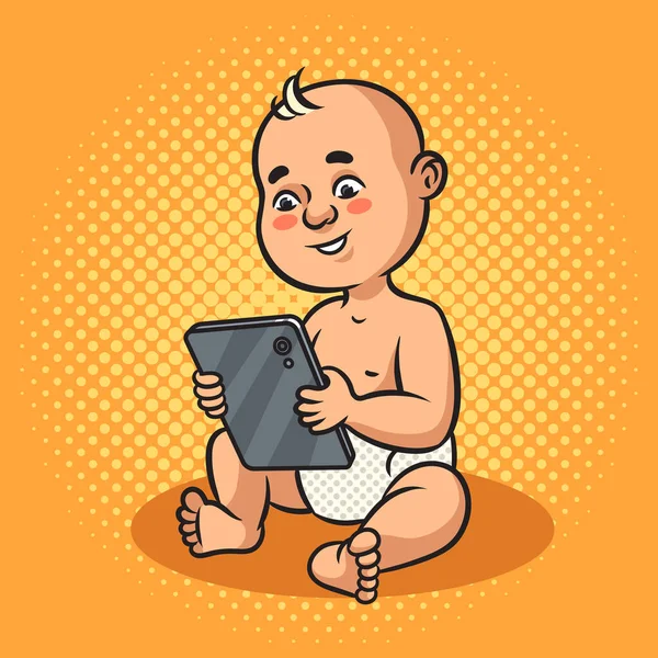Bebé Niño Pequeño Con Computadora Tableta Sus Manos Pop Arte — Foto de Stock