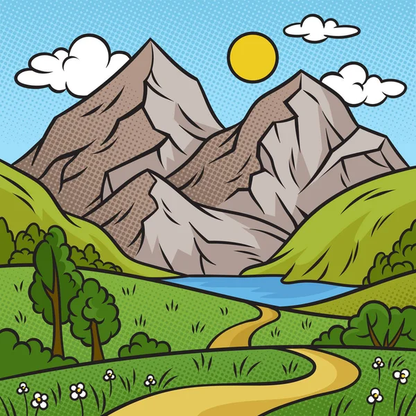山岳自然景観ポップアートレトロラスターイラスト 漫画風模倣 — ストック写真