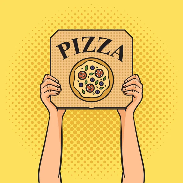Handen Met Pizza Doos Pin Pop Art Retro Vector Illustratie — Stockvector