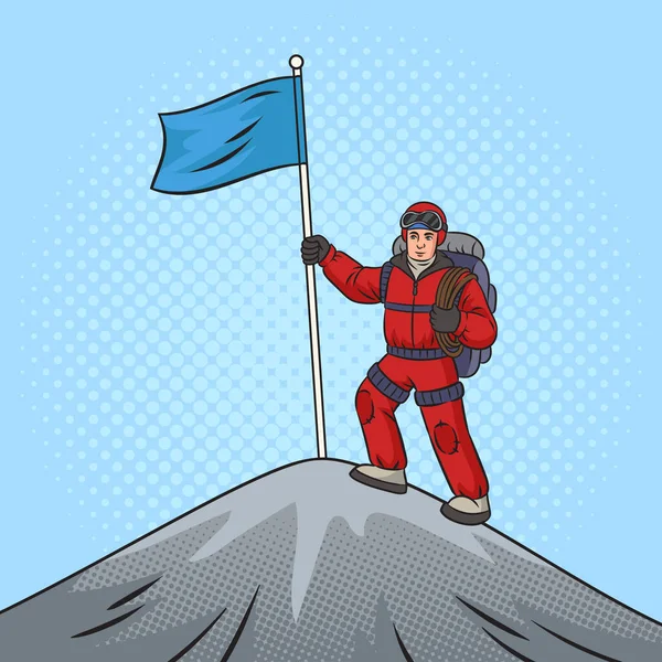 Ορειβάτης Βάζει Σημαία Στην Κορυφή Του Βουνού Pinup Pop Art — Φωτογραφία Αρχείου