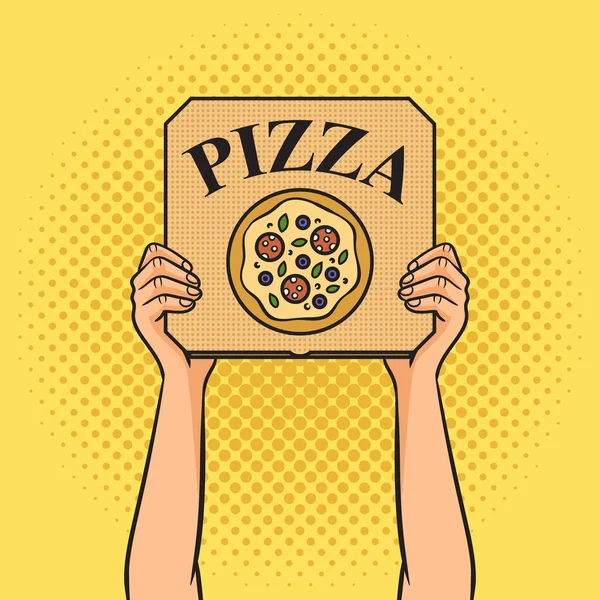 Hände Mit Pizzakartonpinup Pop Art Retro Raster Illustration Nachahmung Comic — Stockfoto