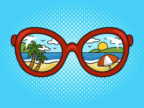 Reflexão Verão Praia Mar Palmeiras Mulheres Óculos Sol Pinup Pop —  Vetores de Stock